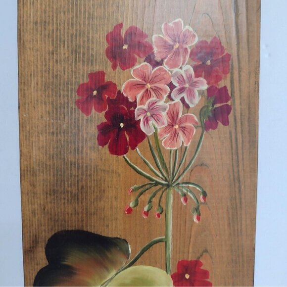 Vintage 70s Signed Fransen Handpainted Wood Board Wall Hanging Geraniums Floral - Picture 3 of 9